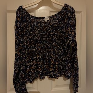 True Craft Navy Floral Long-Sleeve Peasant Top with Yellow & White Blooms